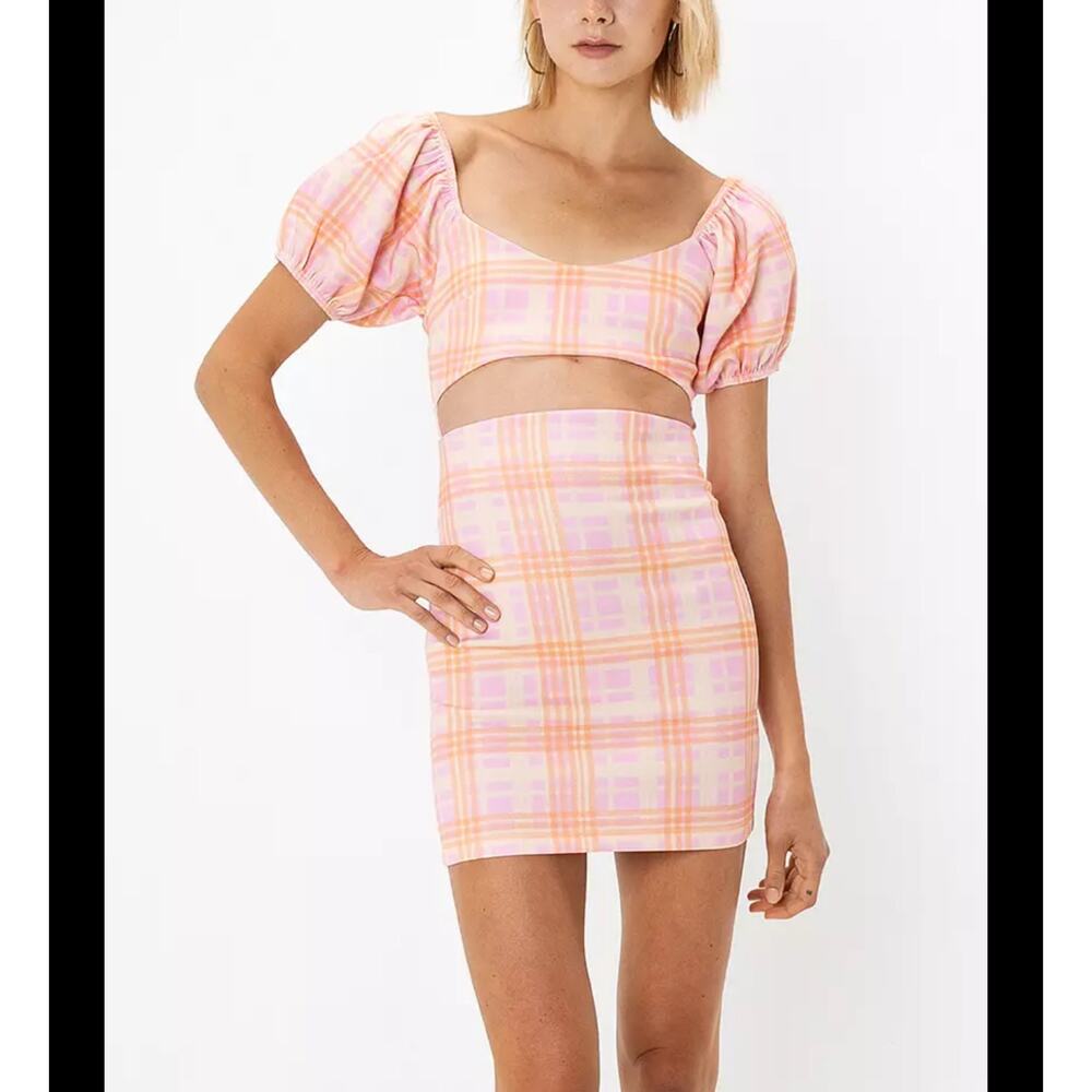ASOS Design Women’s 6 Pink Orange Plaid Cut Out Puff Sleeve Zipper Mini Dress